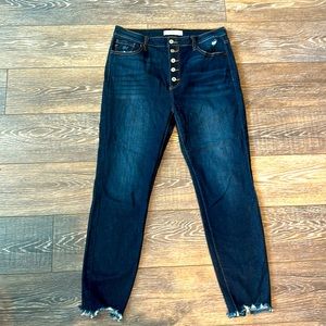 Kancan high rise button fly skinny jeans. Size 15/31. Dark blue.